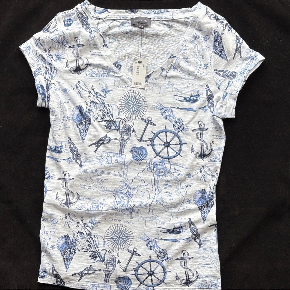 The Limited size SMALL Blue and White Nautical Print V-Neck Top